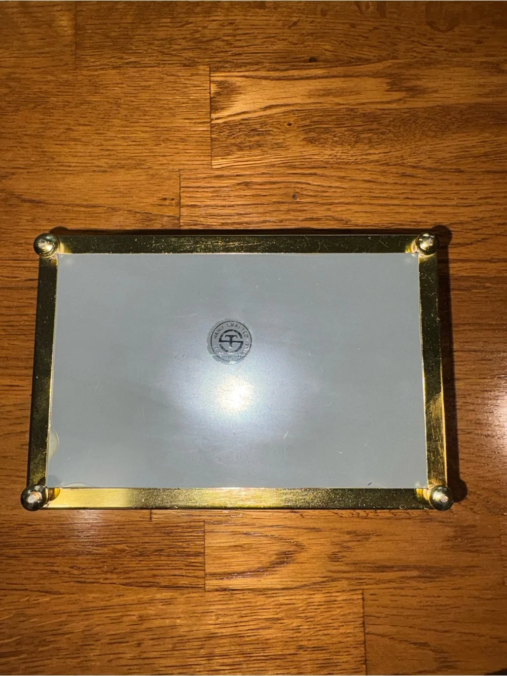 Vintage Etched Glass Trinket Jewelry Box Glass Bottom Beveled Edge Gold Trim